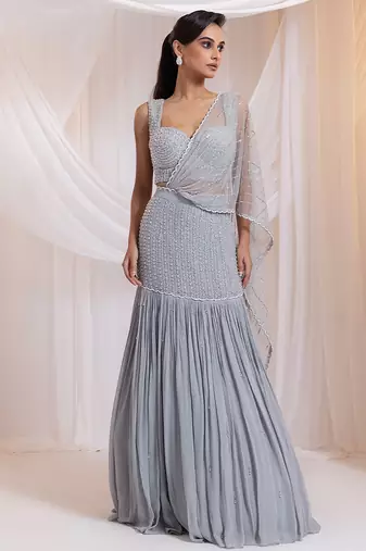 grey embroidered georgette lehenga set