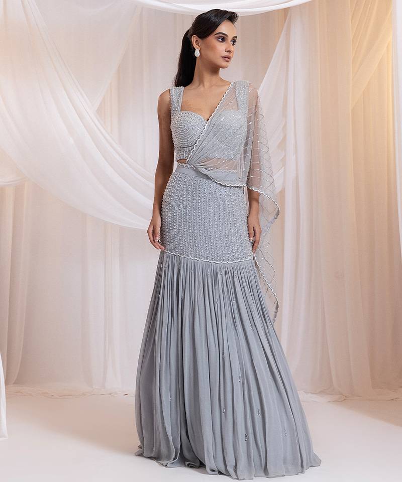 grey embroidered georgette lehenga set