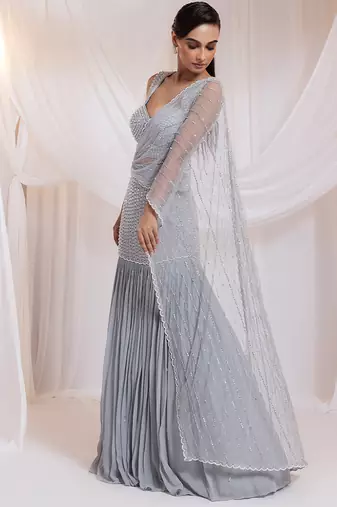 grey embroidered georgette lehenga set
