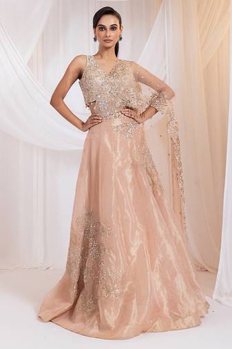 pink embroidered tissue lehenga set