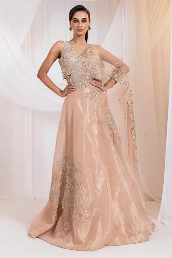 pink embroidered tissue lehenga set