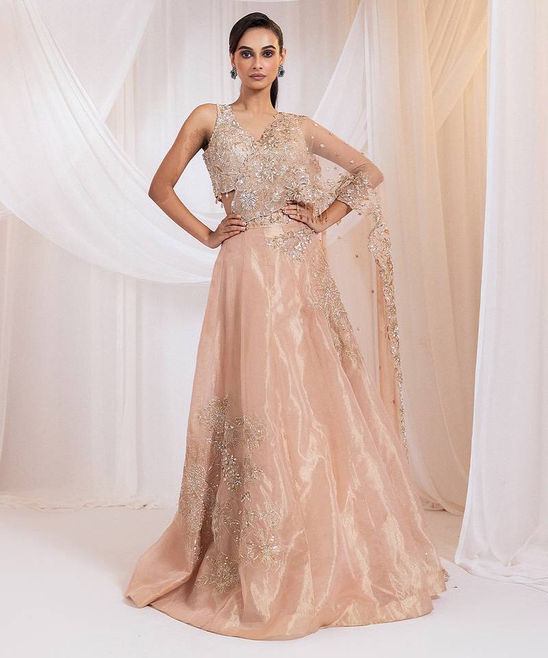 pink embroidered tissue lehenga set