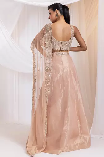 pink embroidered tissue lehenga set