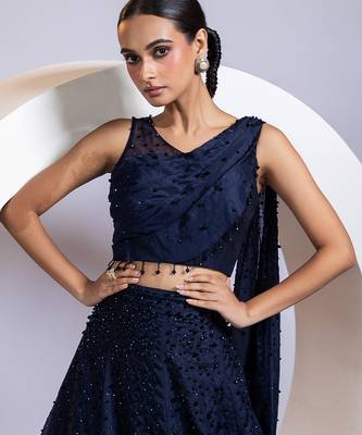 blue embroidered organza lehenga set 3