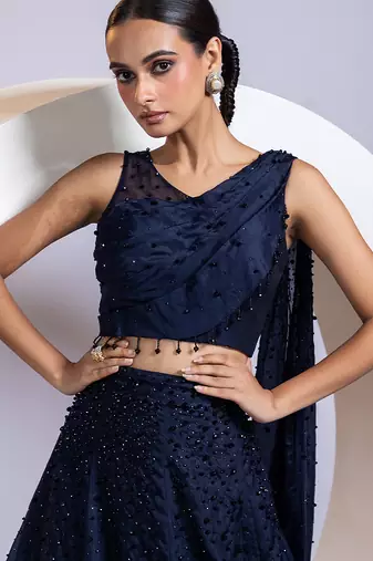 blue embroidered organza lehenga set