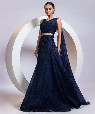 blue embroidered organza lehenga set 1
