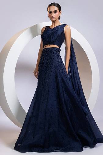 blue embroidered organza lehenga set