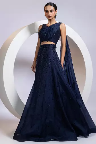 blue embroidered organza lehenga set