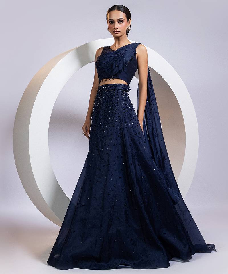 blue embroidered organza lehenga set