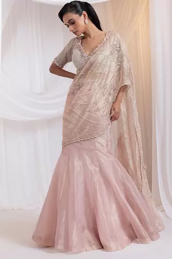 pink embroidered organza lehenga set