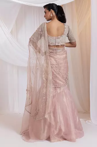 pink embroidered organza lehenga set