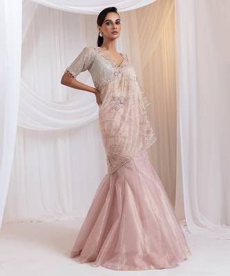 pink embroidered organza lehenga set 4