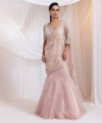 pink embroidered organza lehenga set 1