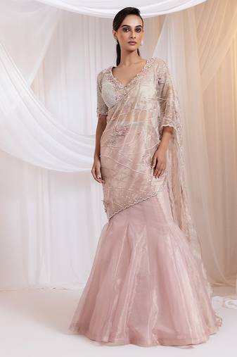 pink embroidered organza lehenga set