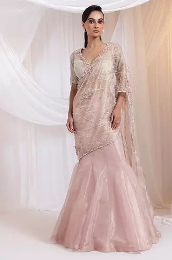 pink embroidered organza lehenga set