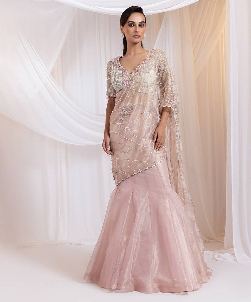 pink embroidered organza lehenga set