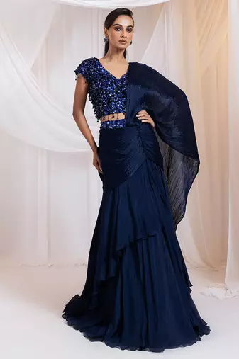 blue embroidered silk lehenga set