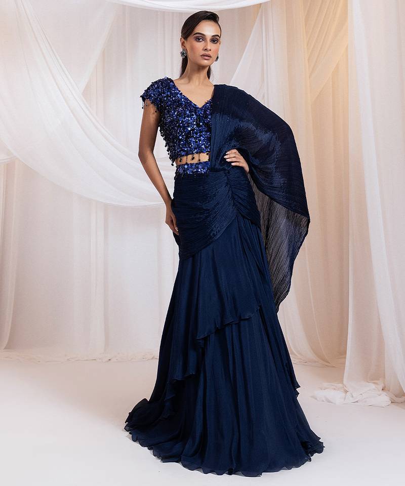 blue embroidered silk lehenga set