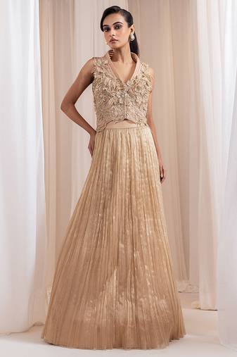 gold embroidered tissue lehenga set
