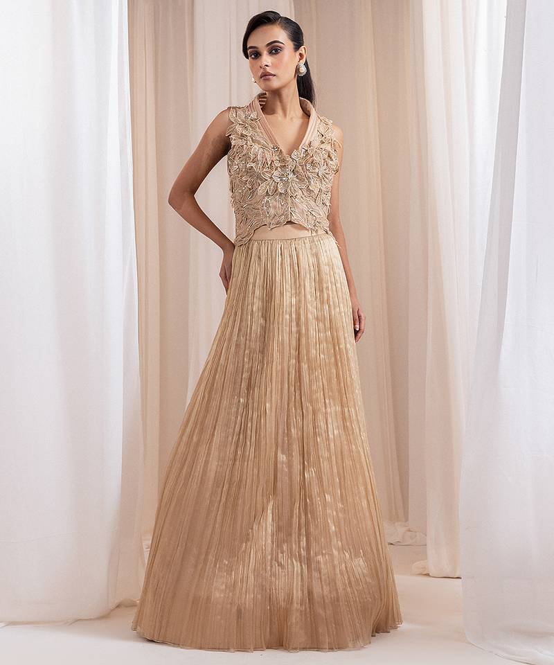 gold embroidered tissue lehenga set