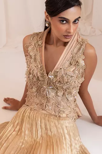 gold embroidered tissue lehenga set