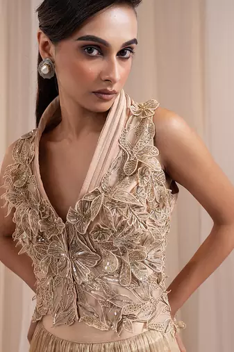 gold embroidered tissue lehenga set