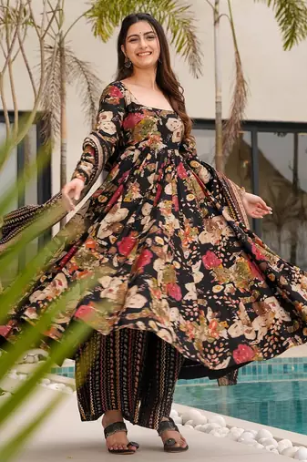Multicolor digital printed mal cotton anarkali set with dupatta