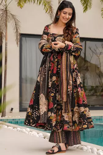 Multicolor digital printed mal cotton anarkali set with dupatta