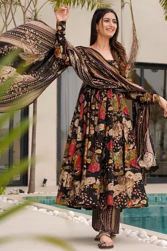 Multicolor digital printed mal cotton anarkali set with dupatta