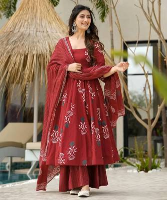Maroon digital printed mal cotton anarkali set with dupatta 1