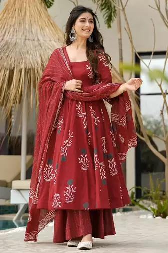 Maroon digital printed mal cotton anarkali set with dupatta