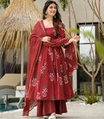 Maroon digital printed mal cotton anarkali set with dupatta