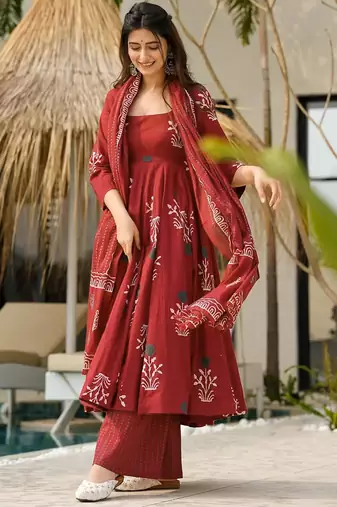 Maroon digital printed mal cotton anarkali set with dupatta