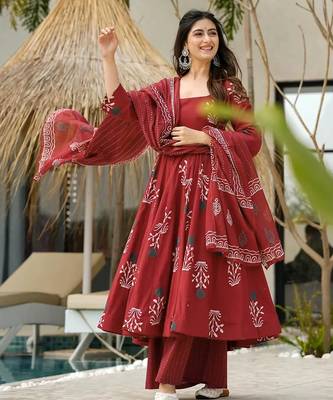 Maroon digital printed mal cotton anarkali set with dupatta 3