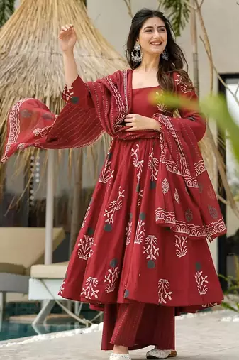 Maroon digital printed mal cotton anarkali set with dupatta