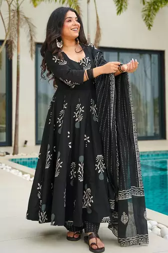 Black digital printed mal cotton anarkali set with dupatta