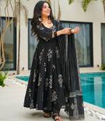 Black digital printed mal cotton anarkali set with dupatta