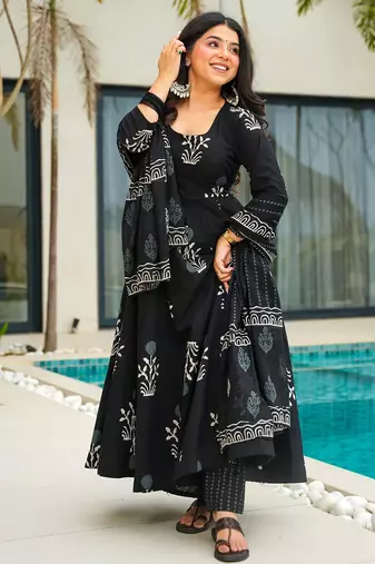 Black digital printed mal cotton anarkali set with dupatta