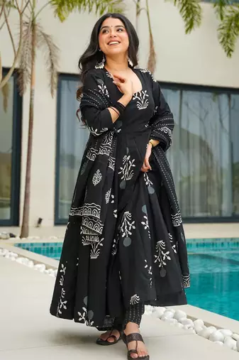 Black digital printed mal cotton anarkali set with dupatta
