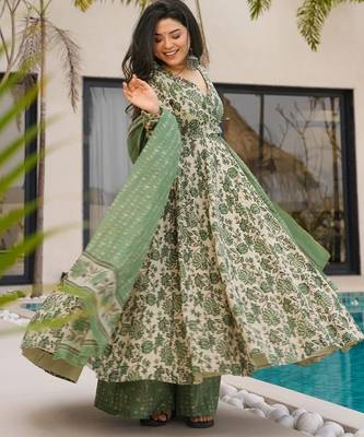 Sea green digital printed mal cotton anarkali set with dupatta 1