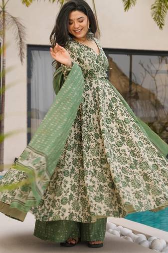 Sea green digital printed mal cotton anarkali set with dupatta