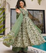 Sea green digital printed mal cotton anarkali set with dupatta