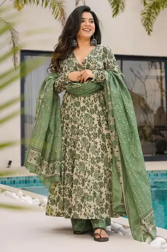 Sea green digital printed mal cotton anarkali set with dupatta