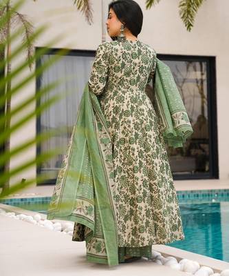 Sea green digital printed mal cotton anarkali set with dupatta 3