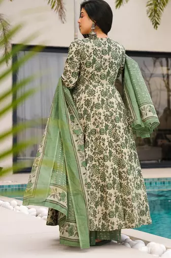 Sea green digital printed mal cotton anarkali set with dupatta