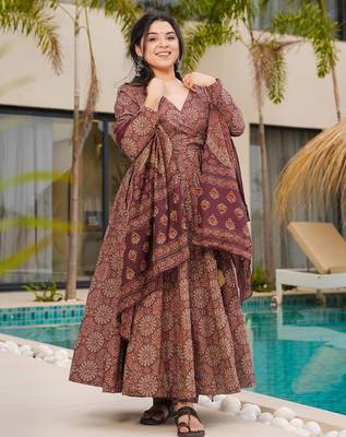 Coffee digital printed mal cotton anarkali set with dupatta 1