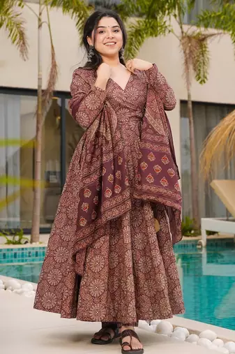 Coffee digital printed mal cotton anarkali set with dupatta