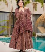 Coffee digital printed mal cotton anarkali set with dupatta