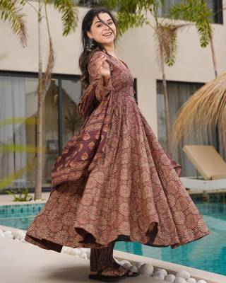 Coffee digital printed mal cotton anarkali set with dupatta 2