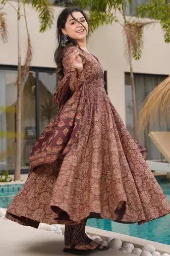 Coffee digital printed mal cotton anarkali set with dupatta